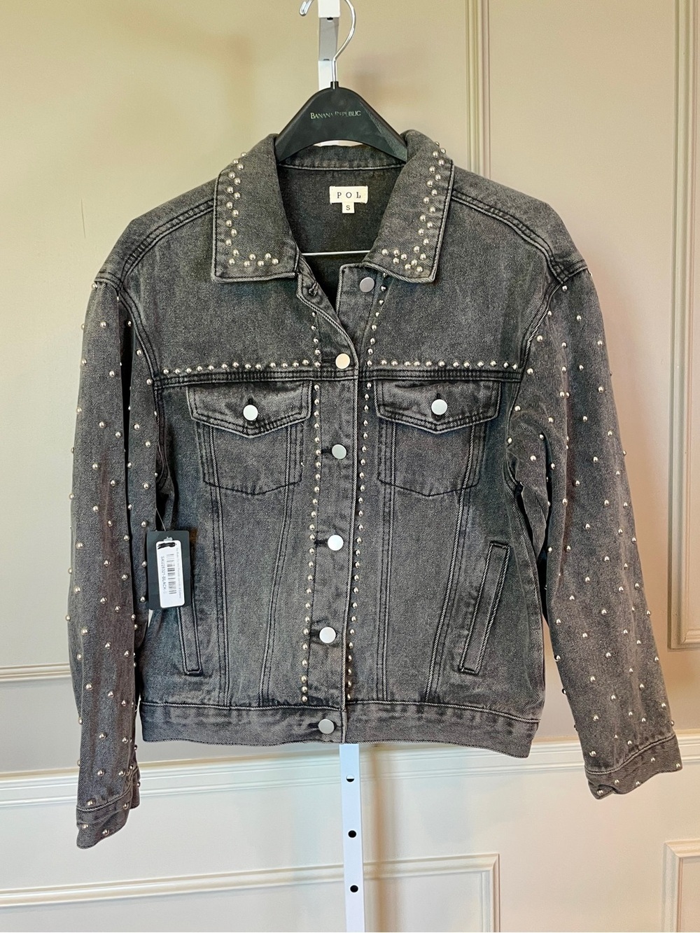 POL New NWT Studded Denim Jean Jacket Small Charcoak Gray Trucker Rock Cotton